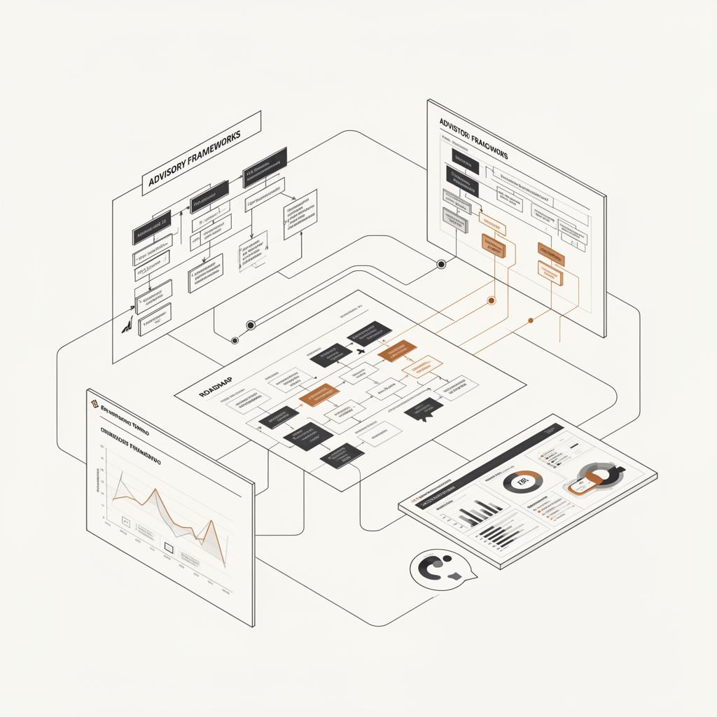Schematic illustration of advisory frameworks, roadmap milestones, and KPI dashboards