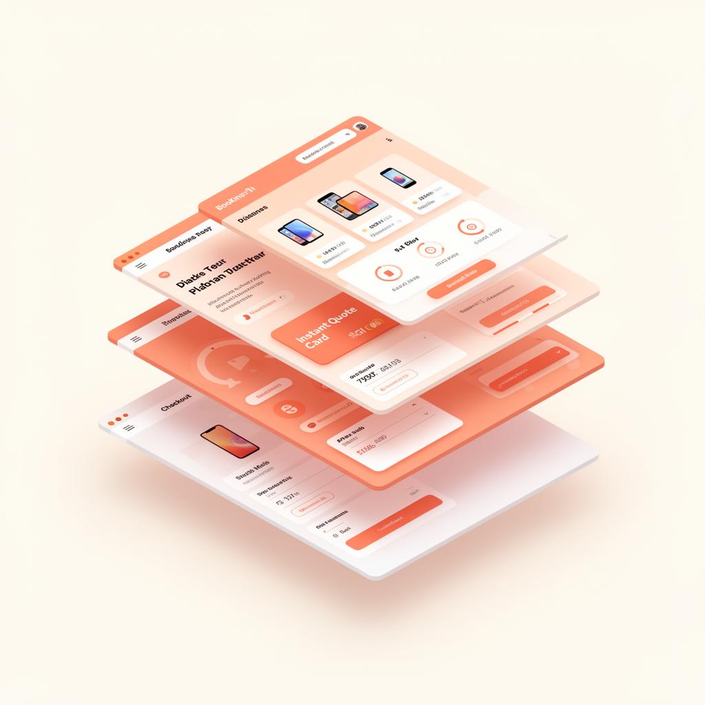 Schematic of a white-label repair storefront: booking, instant quote, status, and checkout panels stacked