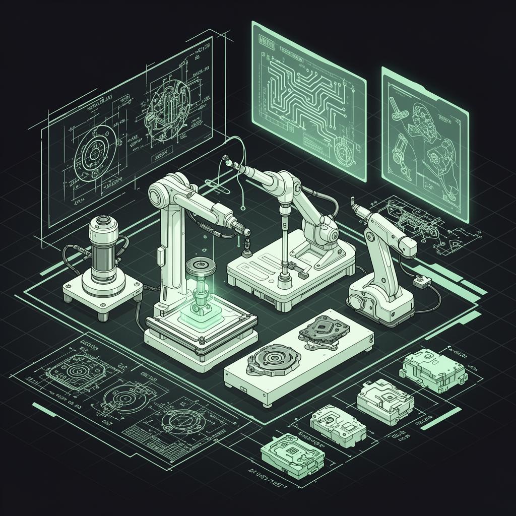 Schematic of an innovation lab: prototyping rigs, blueprints, and modular component diagrams
