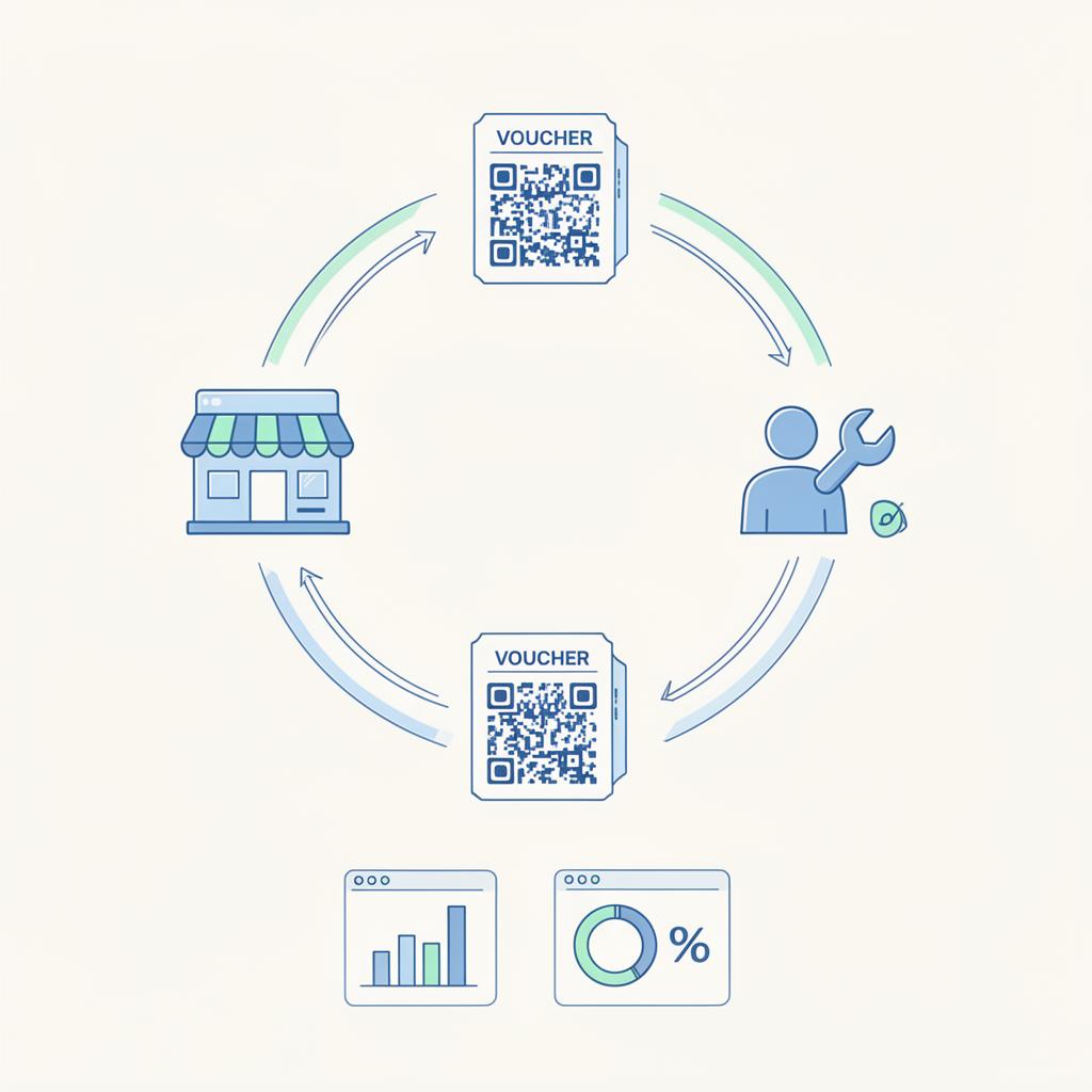 Schematic of a circular repair voucher rewards system: brand issuers, repair shops, and customers in a loop